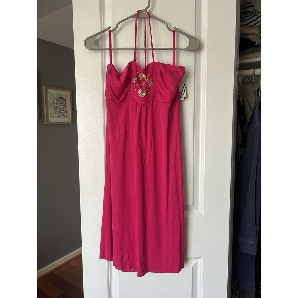 NWT Milly Cocktail Bright Pink Spaghetti Strap Tie Neck Mini Dress Size Large